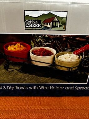 Cobble Creek Set of 3 Colorful Dip Bowls with Red Spreader